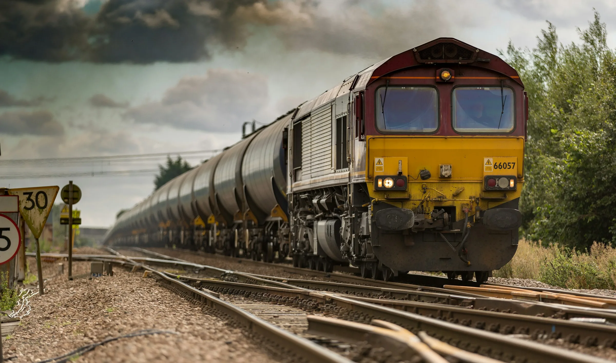 Freight locomotive on rail track