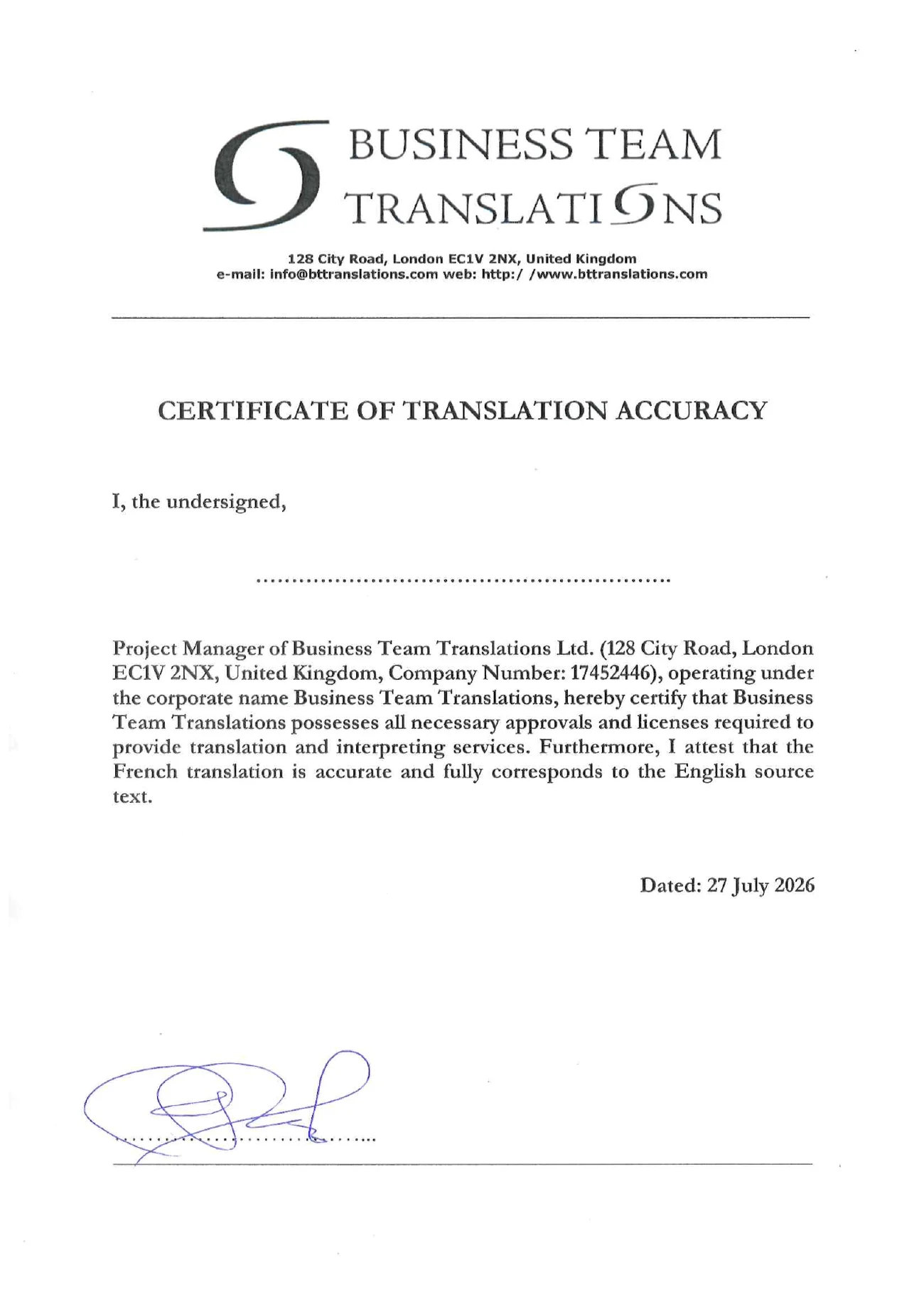 Certificate of Translation Accuracy issued by Business Team Translations, signed and stamped