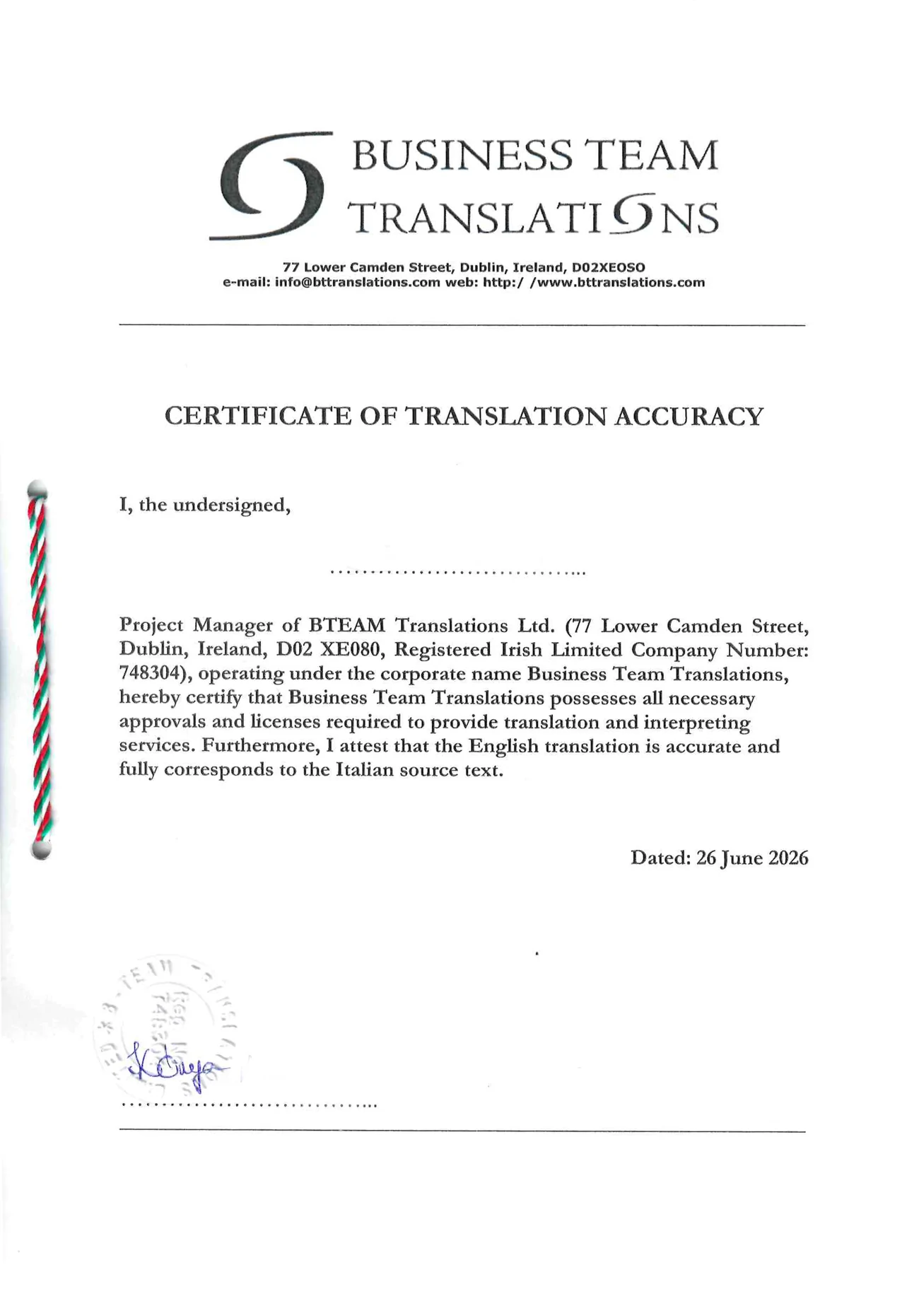 Certificate of Translation Accuracy โ Business Team Translations