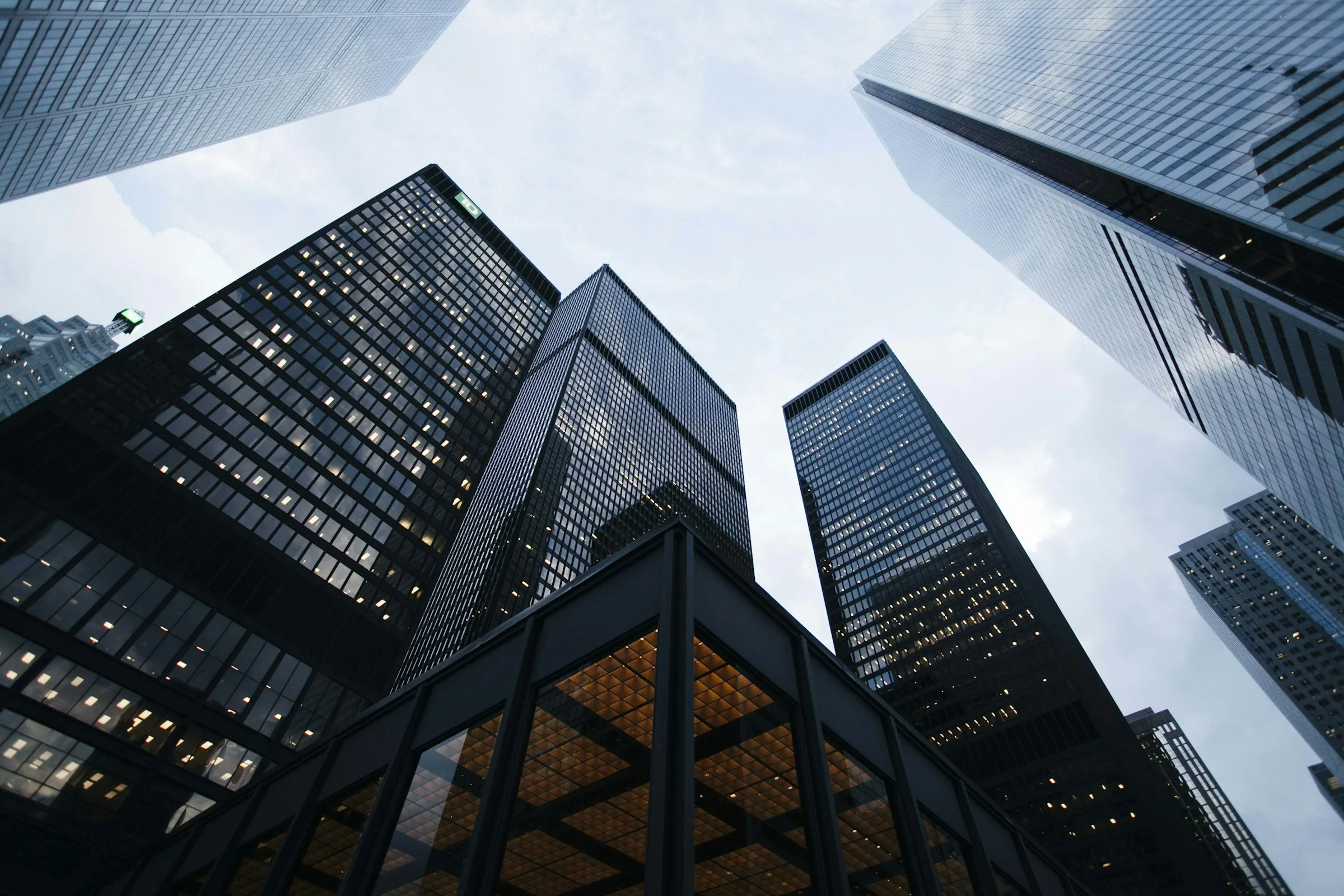 Financial district towers seen from below