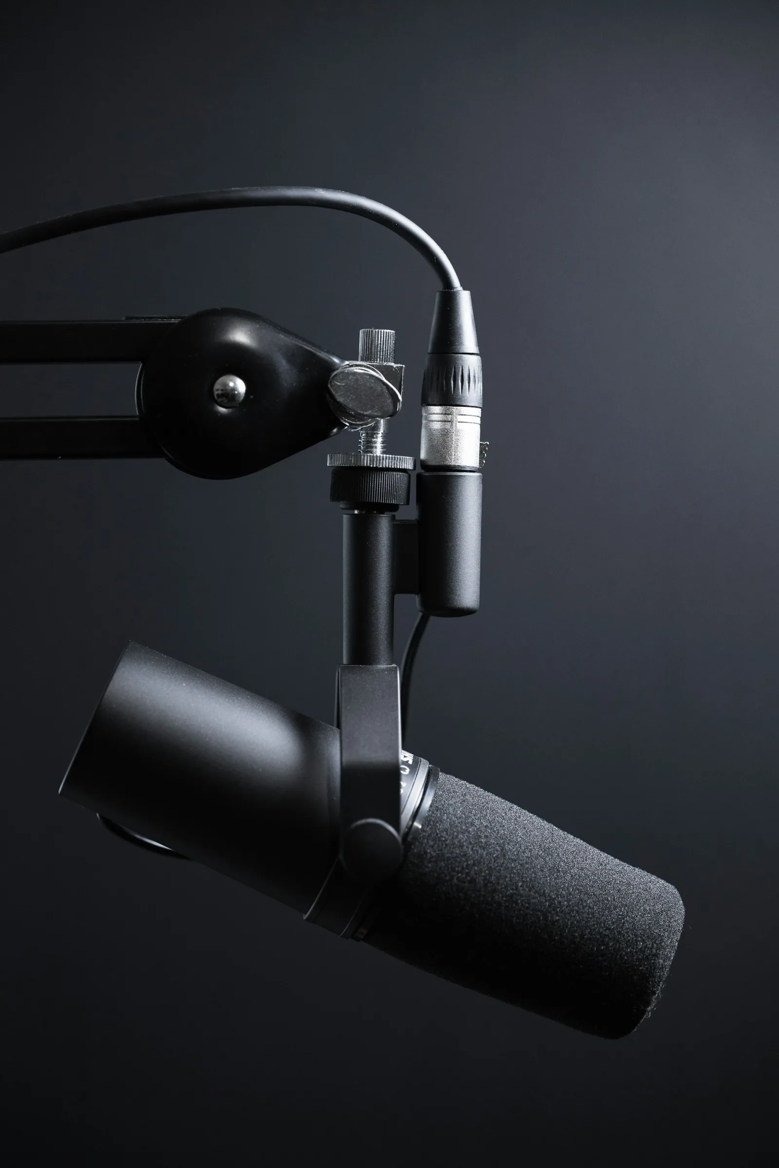Broadcast microphone on a boom arm in an interpreting booth