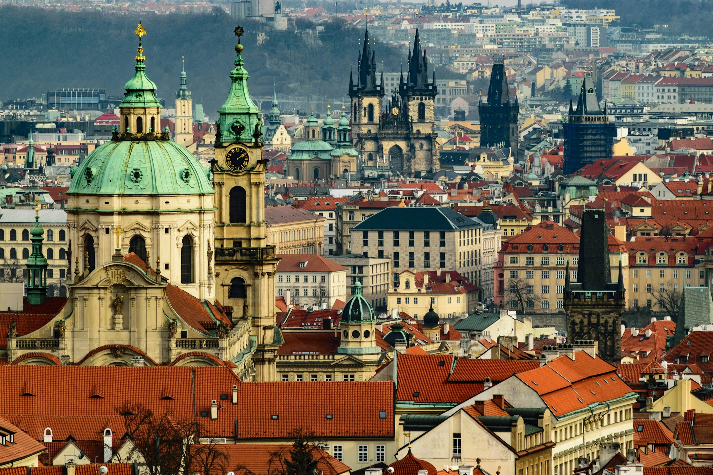 Historic European city skyline with institutional buildings